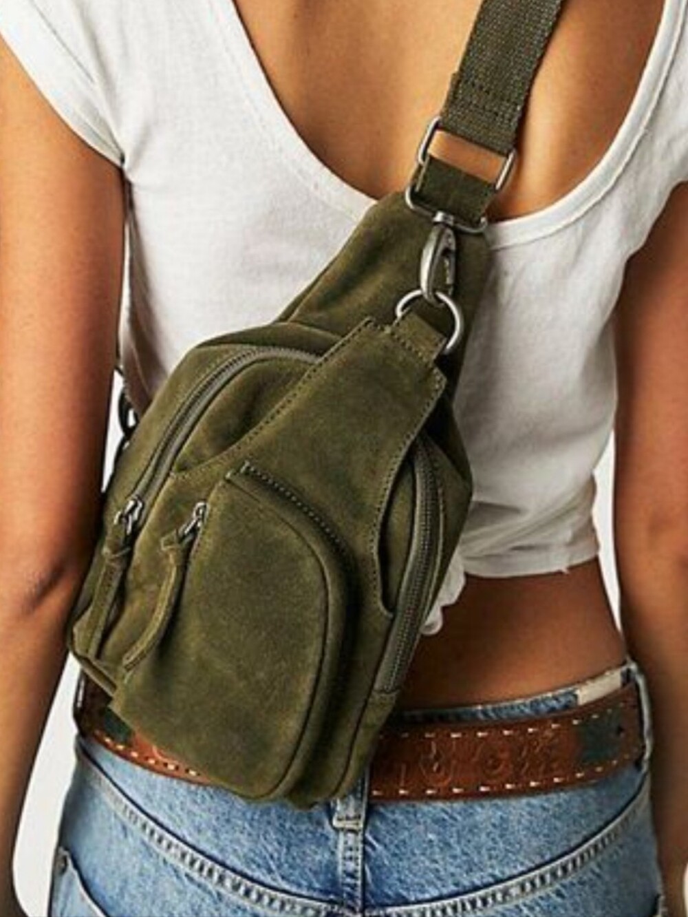 Free People Olive Green Suede Crossbody Sling Bag